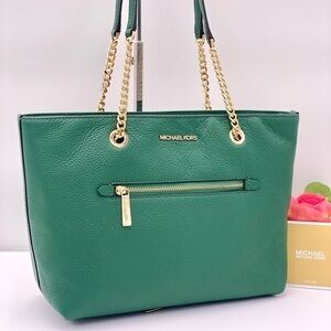 Michael Kors Medium Front Zip
Chain Tote Bag Leather JEWEL GREEN